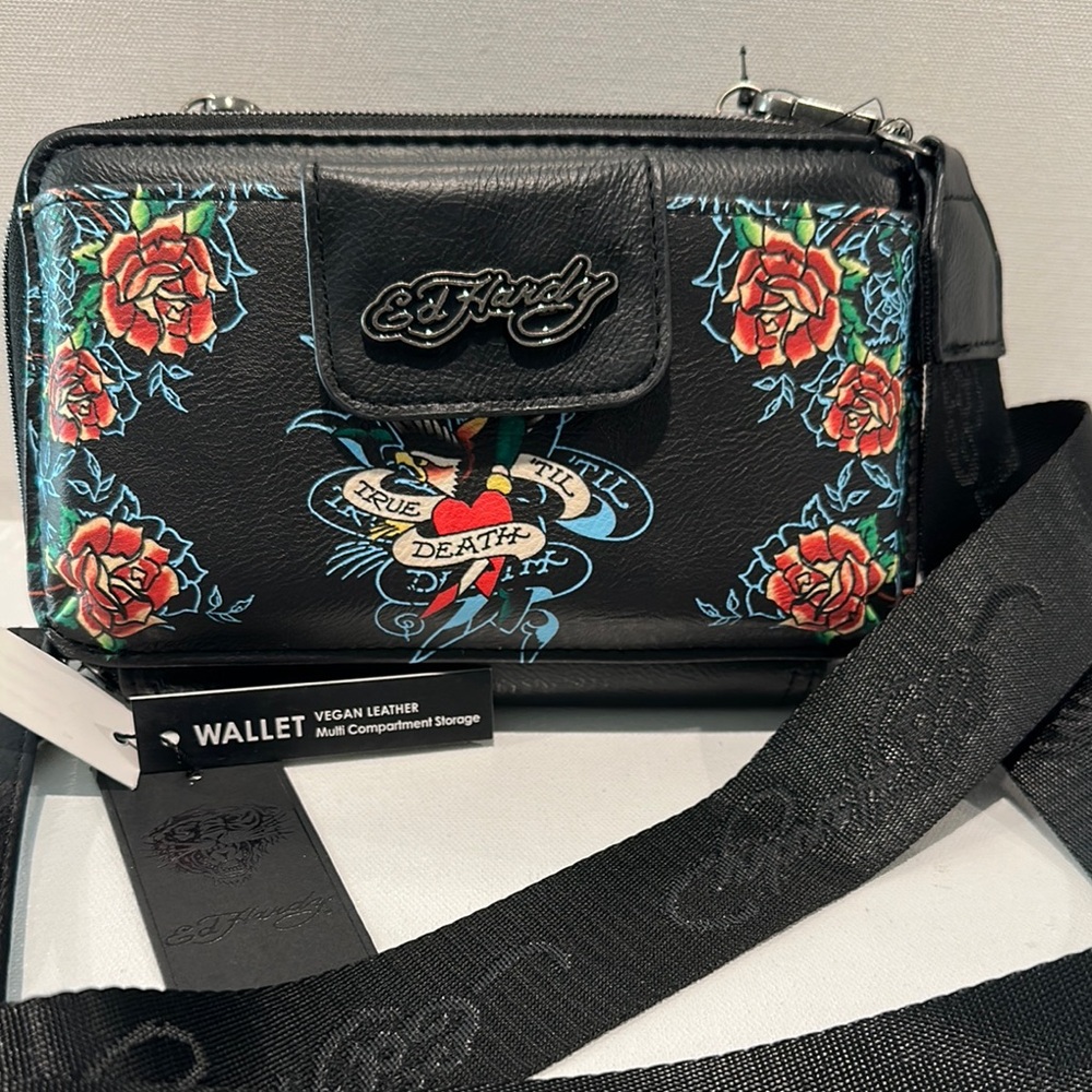 NWT Ed Hardy Vegan Leather Multi-Purpose wallet with detachable Guitar Crossbody